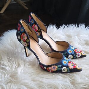 Tory Burch Blue Suede & Embroidered Heels